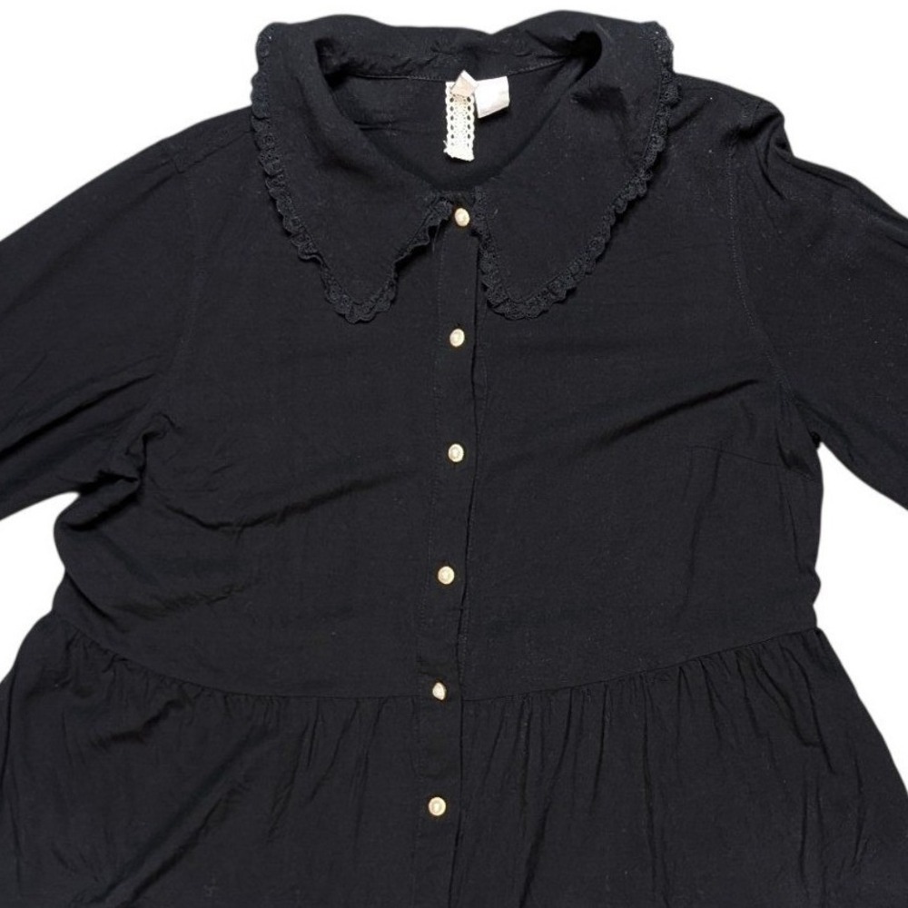 H&M‎ Medium Black Goth Long Sleeve Button Up Blouse Top Peplum Lightweight